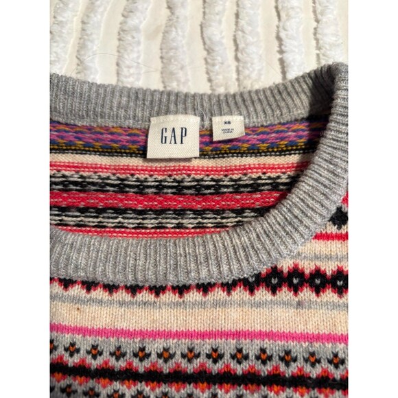 GAP Fair Isle Sweater Women's XS Grey Pink Multi Stripes Pullover Cozy Retro - Picture 5 of 5